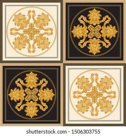 Vector shawl checkered seamless pattern, print with gold chains pattern, Greek  meanders, Baroque fantasy scrolls. Scarf, silk bandana, kerchief, textile patch, carpet, pillow