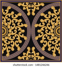 Vector shawl crescent print on a dark blue and black background. Fashionable pattern from gold chains, Baroque fantasy scrolls. Scarf, bandana, neckerchief, kerchief, silk textile patch, carpet