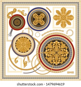 Vector Shawl print from Baroque floral scroll elements, golden chains, cables, Greek meander, acanthus leaves and rosette. Scarf, bandana, kerchief, design. 16 pattern brushes in the brush palette