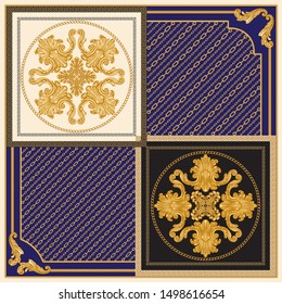 Vector shawl print with gold chains pattern, Greek  meanders, Baroque fantasy scrolls on a dark blue background. Scarf, silk bandana, kerchief, textile patch, carpet. 9 pattern brushes in the palette