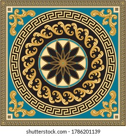 El vector debe imprimir sobre un fondo beige y negro. Patrón de moda de las cadenas de oro, rollos de fantasía barroca, gema turquesa. Cubierta, bandana, pañuelo, pañuelo, parche textil de seda, alfombra, estera