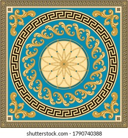 Vector shawl print on a beige and black background.Fashionable pattern from gold chains, Greek meanders, Baroque scrolls, turquoise gem. 7 pattern brushes in the brush palette for bandana, carpet, mat