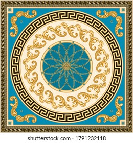 Vector shawl print on a beige and black background.Fashionable pattern from gold chains, Greek meanders, Baroque scrolls, turquoise gem. 7 pattern brushes in the brush palette for bandana, carpet, mat