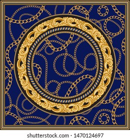 Vector shawl print on a dark blue background. Fashionable pattern from gold chains, Baroque fantasy scrolls. Scarf, bandana, neckerchief, kerchief, silk textile patch, carpet