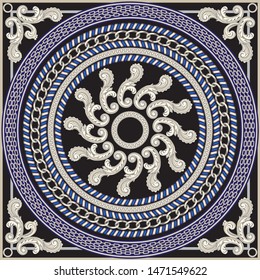 Vector shawl print on a dark blue and black background. Fashionable pattern from silver chains, Baroque from and acanthus leaves. Scarf, bandana, neckerchief, kerchief, silk textile patch, carpet