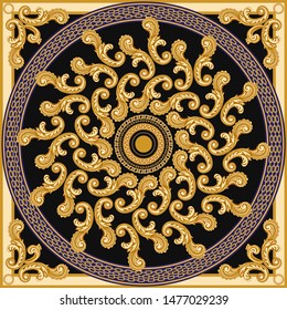 Vector shawl print on a dark blue and black background. Fashionable pattern from gold chains, Baroque fantasy scrolls, acanthus leaves.Scarf, bandana, neckerchief, kerchief, silk textile patch, carpet