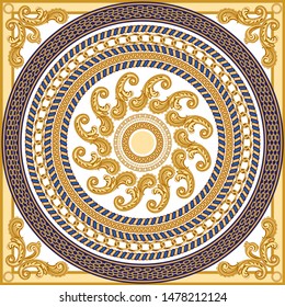 Vector shawl print on a dark blue and white background. Fashionable pattern from gold chains, Baroque fantasy scrolls. Scarf, bandana, neckerchief, kerchief, silk textile patch, carpet