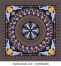 Vector shawl print on a dark blue and black background. Fashionable pattern from gold chains, Baroque fantasy scroll, blue mermaid, octopus, fish and pearls. Scarf, bandana, neckerchief, silk patch