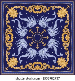 Vector shawl print on a dark blue background. Fashionable gold chains and anchor pattern, Baroque fantasy scroll, blue beautiful mermaid and pearls. Scarf, bandana, neckerchief, silk patch, carpet