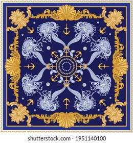 Vector shawl print on a dark blue background. Fashionable gold chains and anchor pattern, Baroque fantasy scroll, blue beautiful mermaid and pearls. Scarf, bandana, neckerchief, silk patch, carpet