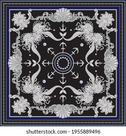 Vector shawl print on a dark blue and black background. Fashionable silver chains and anchor pattern, Baroque fantasy scroll, beautiful mermaid and pearls. Scarf, bandana, neckerchief, silk patch, car