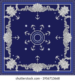 Vector shawl print on a dark blue background. Fashionable silver chains and anchor pattern, Baroque fantasy scroll, blue sea shells and pearls. Scarf, bandana, neckerchief, silk patch, carpet