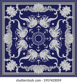 Vector shawl print on a dark blue and black background. Fashionable silver chains and anchor pattern, Baroque fantasy scroll, beautiful mermaid and pearls. Scarf, bandana, neckerchief, silk patch, car