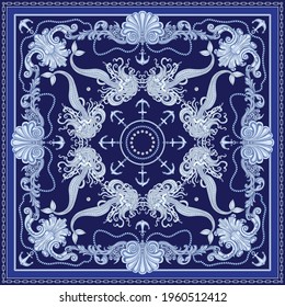 Vector shawl print on a dark blue background. Fashionable silver chains and anchor pattern, Baroque fantasy scroll, blue beautiful mermaid and pearls. Scarf, bandana, neckerchief, silk patch, carpet