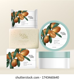 Vector Shea Butter Body Scrub And Hand Or Facial Cleansing Soap & Body Butter Jar Packaging With Minimal Shea Butter Nuts Illustration Print.