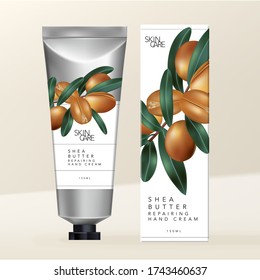 Vector Shea Butter Hand Cream Silver Metallic Tube with Shea Butter Carton Box Packaging.
