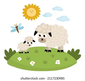 Vector sheep with baby on a lawn under the sun. Cute cartoon family scene illustration for kids. Farm animals on natural background. Colorful flat mother and baby picture for children
