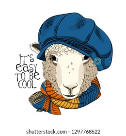 Vector sheep with blue hat and  scarf. Hand drawn illustration of dressed sheep.