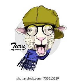 Vector sheep with cap, glasses and blue scarf. Hand drawn illustration of dressed sheep.