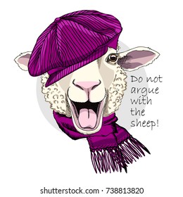 Vector sheep with cap and scarf. Hand drawn illustration of dressed sheep.