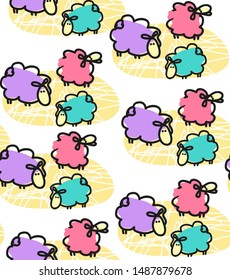 Vector sheep cartoon background in vector. Seamless pattern for kids.