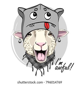 Vector sheep with funny mask. Hand drawn illustration of sheep.