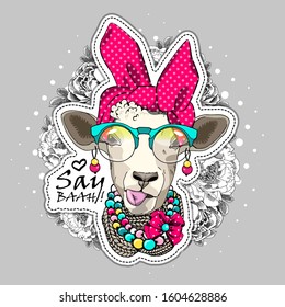 Vector sheep with glasses, earrings, necklaces and headscarf. Print on T-shirts, bags and other fashion products. Design children's clothing and accessories. Applique, patch.