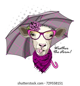 Vector sheep with  glasses, flower and umbrella. Hand drawn illustration of dressed sheep.