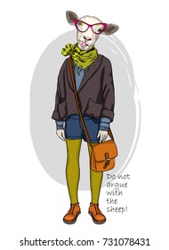 Vector sheep with glasses. Hand drawn illustration of dressed sheep.