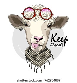 Vector sheep with glasses. Hand drawn illustration of dressed sheep. Keep it real.