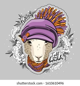 Vector sheep with glasses, knitted scarf and hat. Print on T-shirts, bags and other fashion products. Design children's clothing and accessories. Applique, patch.