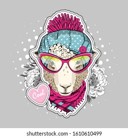 Vector sheep with glasses, knitted scarf and hat. Print on T-shirts, bags and other fashion products. Design children's clothing and accessories. Applique, patch.