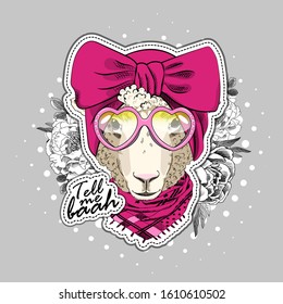 Vector sheep with glasses, knitted scarf and hat. Print on T-shirts, bags and other fashion products. Design children's clothing and accessories. Applique, patch.