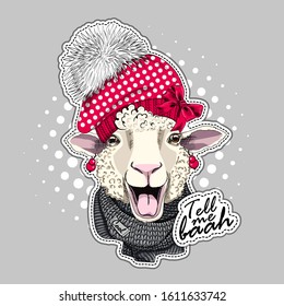 Vector sheep with glasses, knitted scarf and hat. Print on T-shirts, bags and other fashion products. Design children's clothing and accessories. Applique, patch.