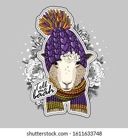 Vector sheep with glasses, knitted scarf and hat. Print on T-shirts, bags and other fashion products. Design children's clothing and accessories. Applique, patch.