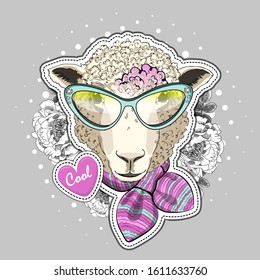 Vector sheep with glasses, knitted scarf and hat. Print on T-shirts, bags and other fashion products. Design children's clothing and accessories. Applique, patch.