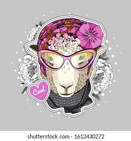 Vector sheep with glasses, knitted scarf and hat. Print on T-shirts, bags and other fashion products. Design children's clothing and accessories. Applique, patch.