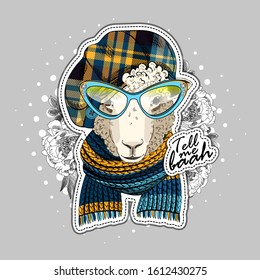 Vector sheep with glasses, knitted scarf and hat. Print on T-shirts, bags and other fashion products. Design children's clothing and accessories. Applique, patch.