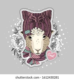 Vector sheep with glasses, knitted scarf and hat. Print on T-shirts, bags and other fashion products. Design children's clothing and accessories. Applique, patch.