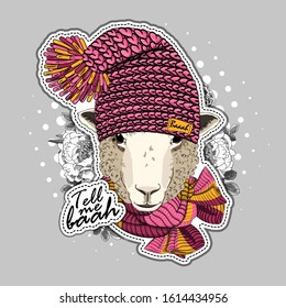 Vector sheep with glasses, knitted scarf and hat. Print on T-shirts, bags and other fashion products. Design children's clothing and accessories. Applique, patch.