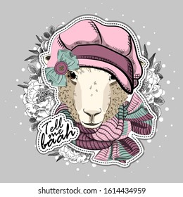 Vector sheep with glasses, knitted scarf and hat. Print on T-shirts, bags and other fashion products. Design children's clothing and accessories. Applique, patch.