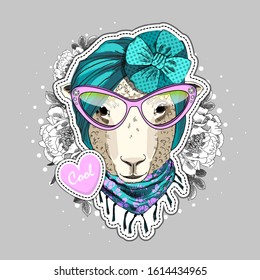 Vector sheep with glasses, knitted scarf and hat. Print on T-shirts, bags and other fashion products. Design children's clothing and accessories. Applique, patch.