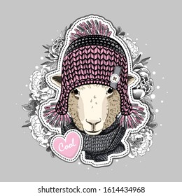 Vector sheep with glasses, knitted scarf and hat. Print on T-shirts, bags and other fashion products. Design children's clothing and accessories. Applique, patch.