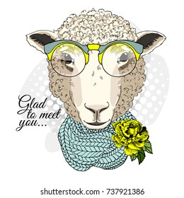 Vector sheep with glasses, rose and scarf. Hand drawn illustration of dressed sheep.