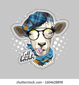 Vector sheep with glasses, scarf and hat. Print on T-shirts, bags and other fashion products. Design children's clothing and accessories. Applique, patch.