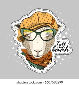 Vector sheep with glasses, scarf and hat. Print on T-shirts, bags and other fashion products. Design children's clothing and accessories. Applique, patch.