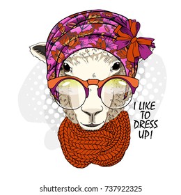 Vector sheep with glasses, turban and scarf. Hand drawn illustration of dressed sheep.