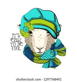 Vector sheep with green hat and knitted   scarf. Hand drawn illustration of dressed sheep.