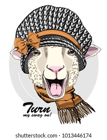 Vector sheep with grey knitted hat and scarf. Hand drawn illustration of dressed sheep.