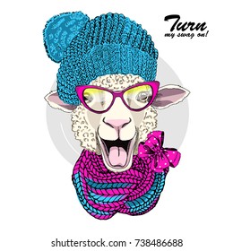 Vector sheep with hat, glasses and scarf. Hand drawn illustration of dressed sheep.